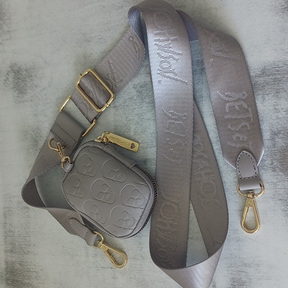 Clip On Betsey Johnson Designer Crossbody Strap with Small Skull Zip Pouch Grey